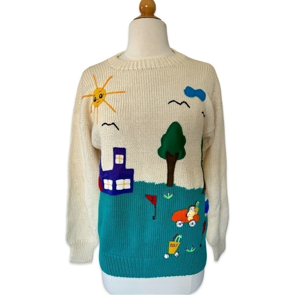 Rare 90s Pier 1 Passports Peru Knit Sweater Golf Scene Embroidery unisex retro